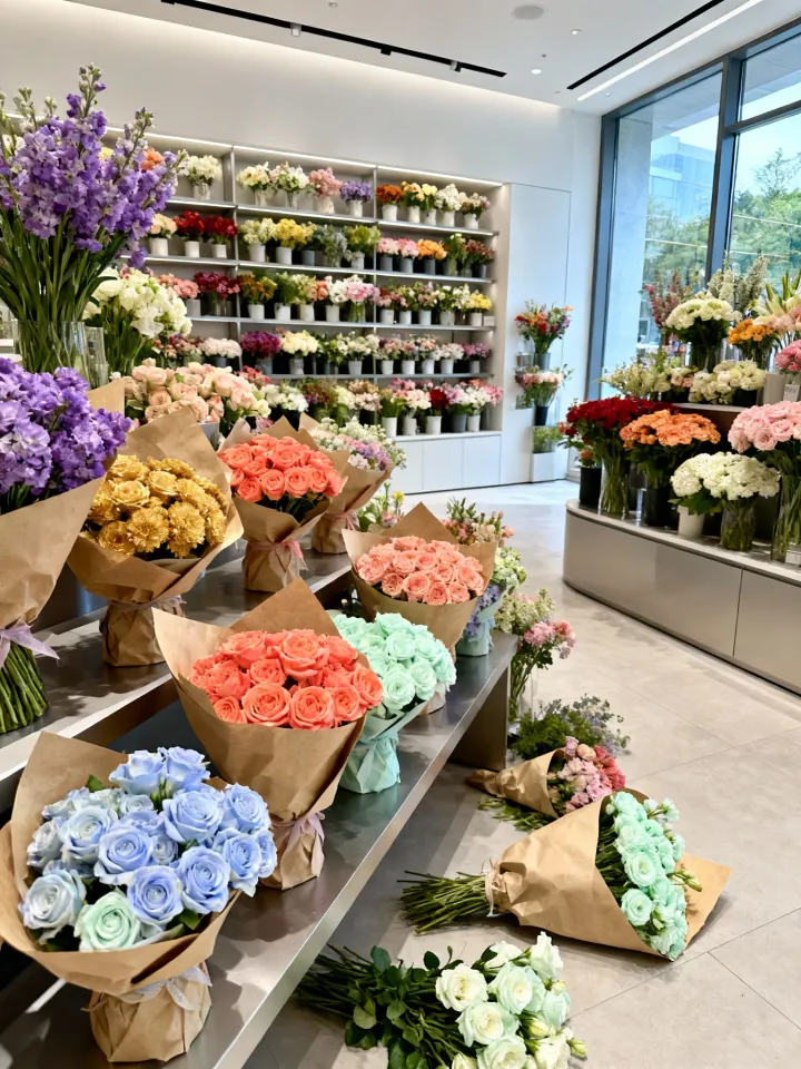 Floristin dekoriert Blumen mit Kunden